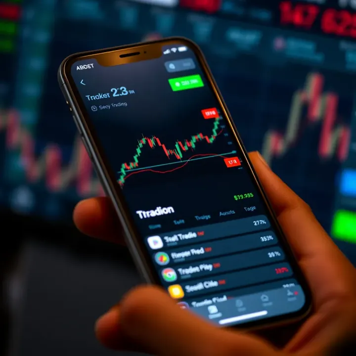 Smartphone displaying a mobile trading app interface with charts and asset options