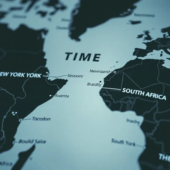 Map showing time difference between New York and South Africa for trading session