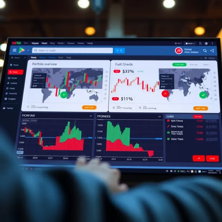 Illustration of an online trading platform dashboard showing stock charts, portfolio overview, and trading options