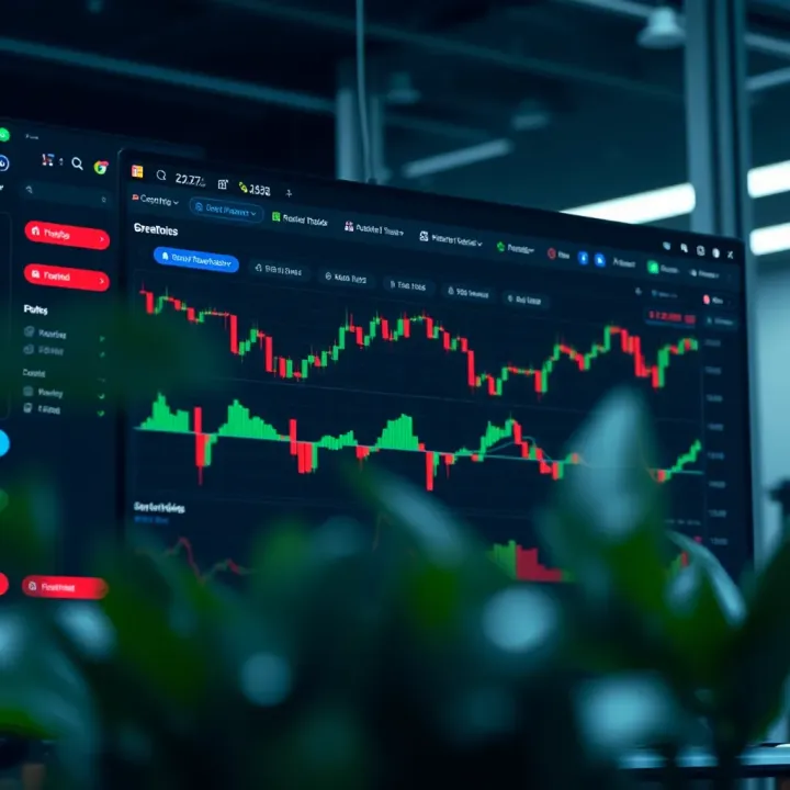 Illustration of an online trading platform dashboard with account details and market charts visible