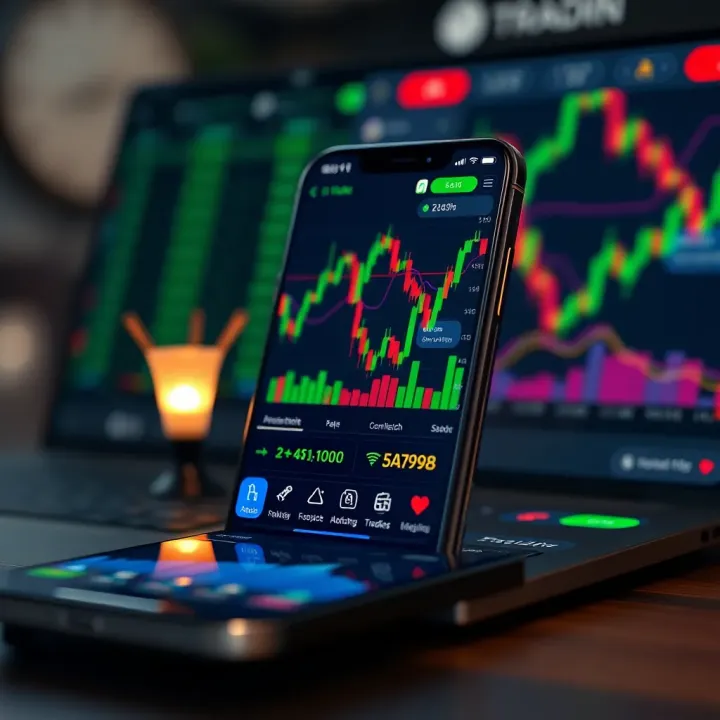 Secure Mobile Trading Platform with Regulatory Compliance Illustration of a secure mobile trading platform with financial charts and regulatory icons