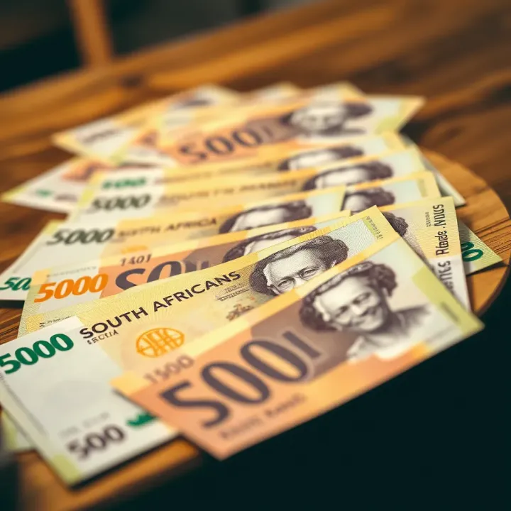Close-up of South African currency notes spread out on a wooden table
