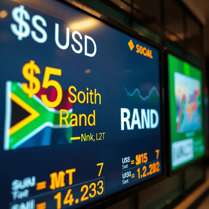 Currency Exchange Rate Between US Dollar and South African Rand Currency exchange rates between US dollar and South African rand displayed on a digital board