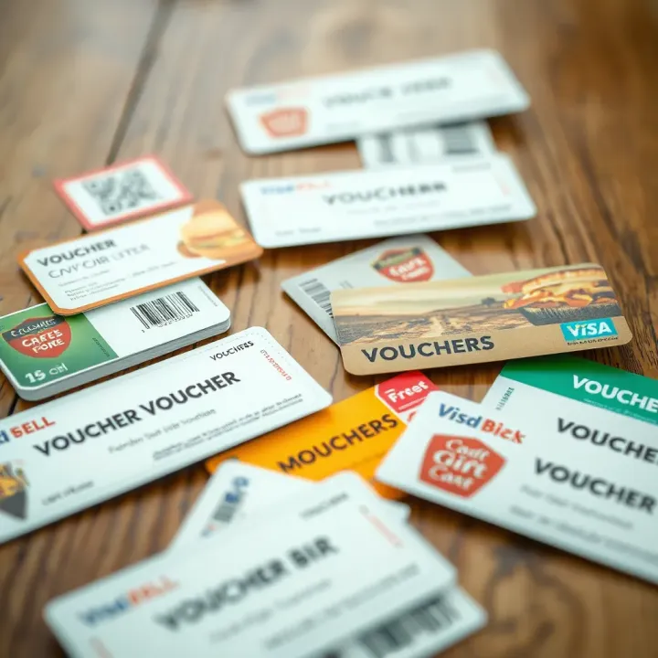 Different Voucher Types Commonly Used in South Africa Various voucher types including discount, gift, and meal vouchers displayed on a wooden surface