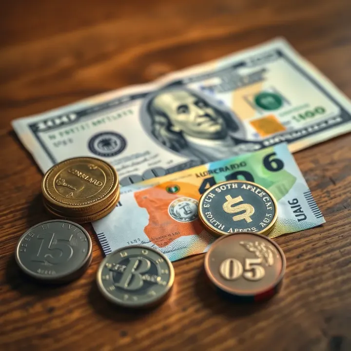 South African rand coins and banknotes arranged with a US dollar bill on a wooden surface