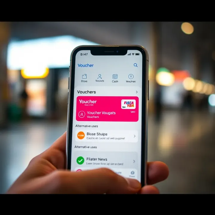 Mobile phone screen displaying voucher app with options for cash withdrawal and alternative uses