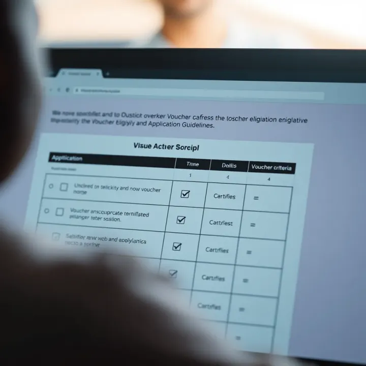 Graphic showing a digital application form with checkmarks indicating qualification criteria for voucher eligibility