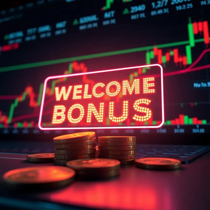 Digital representation of welcome bonus offer with glowing coins and trading charts in the background